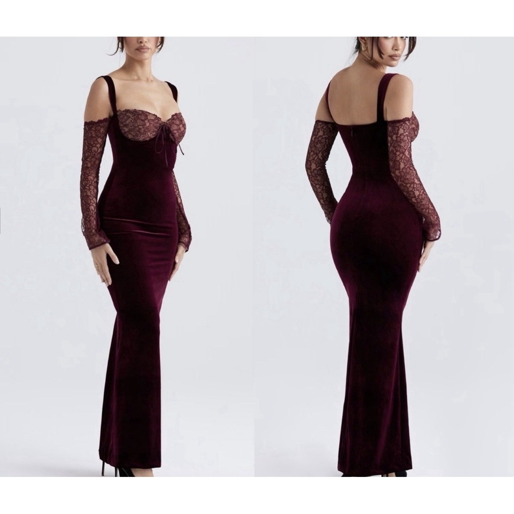 House of CB Ivy Black Cherry Velvet Lace Maxi Dress XS Burgundy Off Shoulder